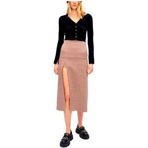 Maje Tan Checkered Midi Skirt